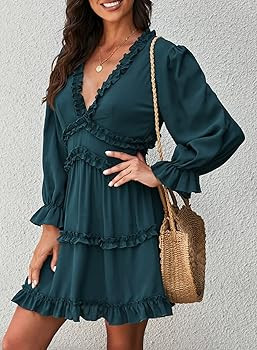 Happy Sailed Womens Spring Summer Long Sleeve Dress 2023 Deep V Neck Ruffle Layer Swing Mini Dres... | Amazon (US)