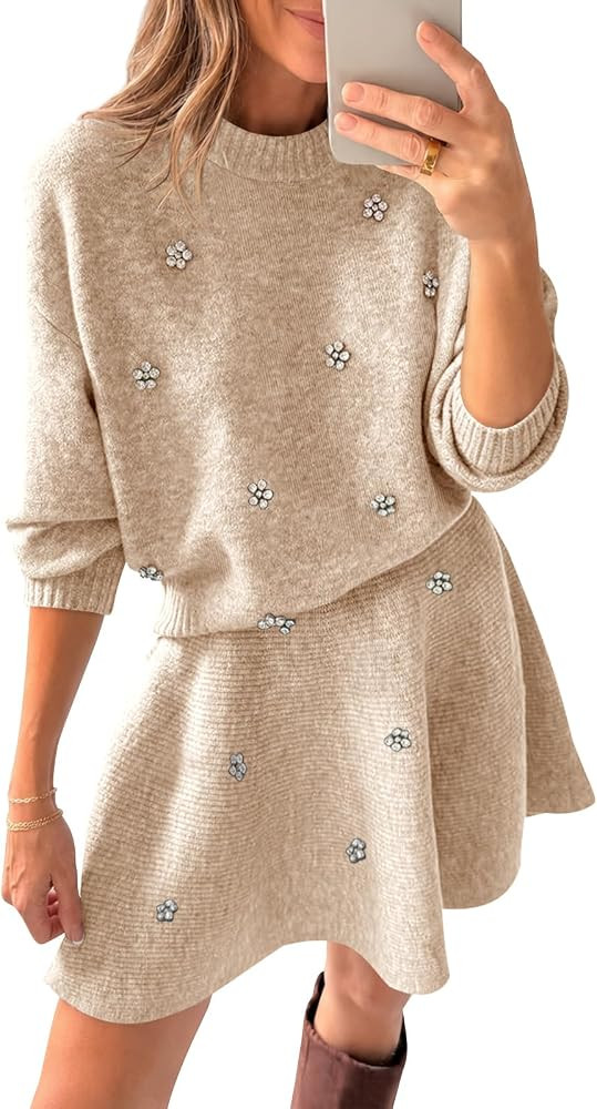Saodimallsu Womens 2 Piece Sweater Skirt Set Fall Elegant Long Sleeve Crew Neck Top and Knit Mini Skirt with Rhinestones | Amazon (US)