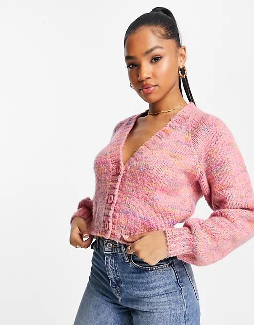 ASOS DESIGN chunky v neck cardigan in space dye effect in pink | ASOS (Global)