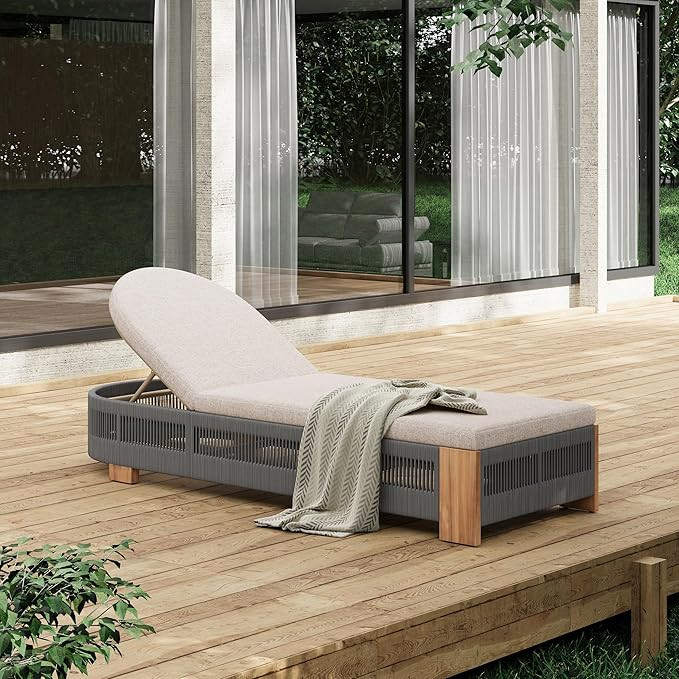 Merax Outdoor Chaise Lounge Chair with Adjustable Backrest & Waterproof Cushion - Acacia Wood Poo... | Amazon (US)