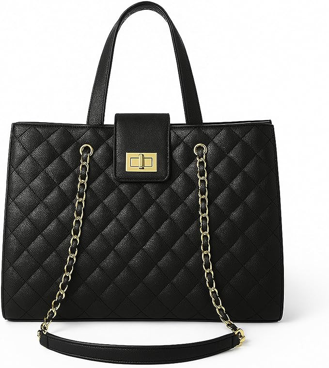 Quilted Laptop Bag for Women, 15.6 inch PU Leather Shoulder Purse Tote Business Office Messenger ... | Amazon (US)