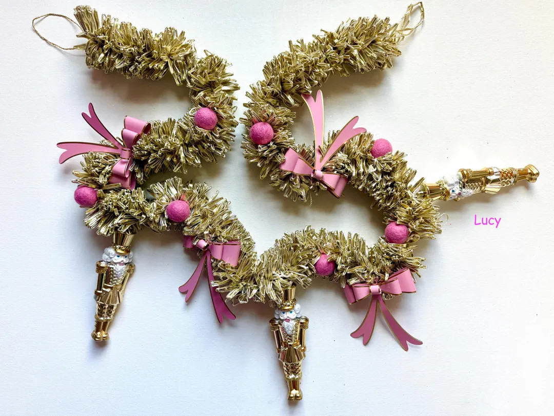Metallic Gold Christmas Garland With Gold Nutcrackers and Pink Metal Bows 6 Feet Long - Etsy | Etsy (US)