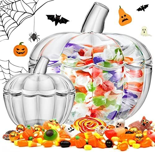 2 Pieces Glass Pumpkin Candy Jar Halloween Candy Bowl Pumpkin Jars with Lids for Halloween Home D... | Amazon (US)