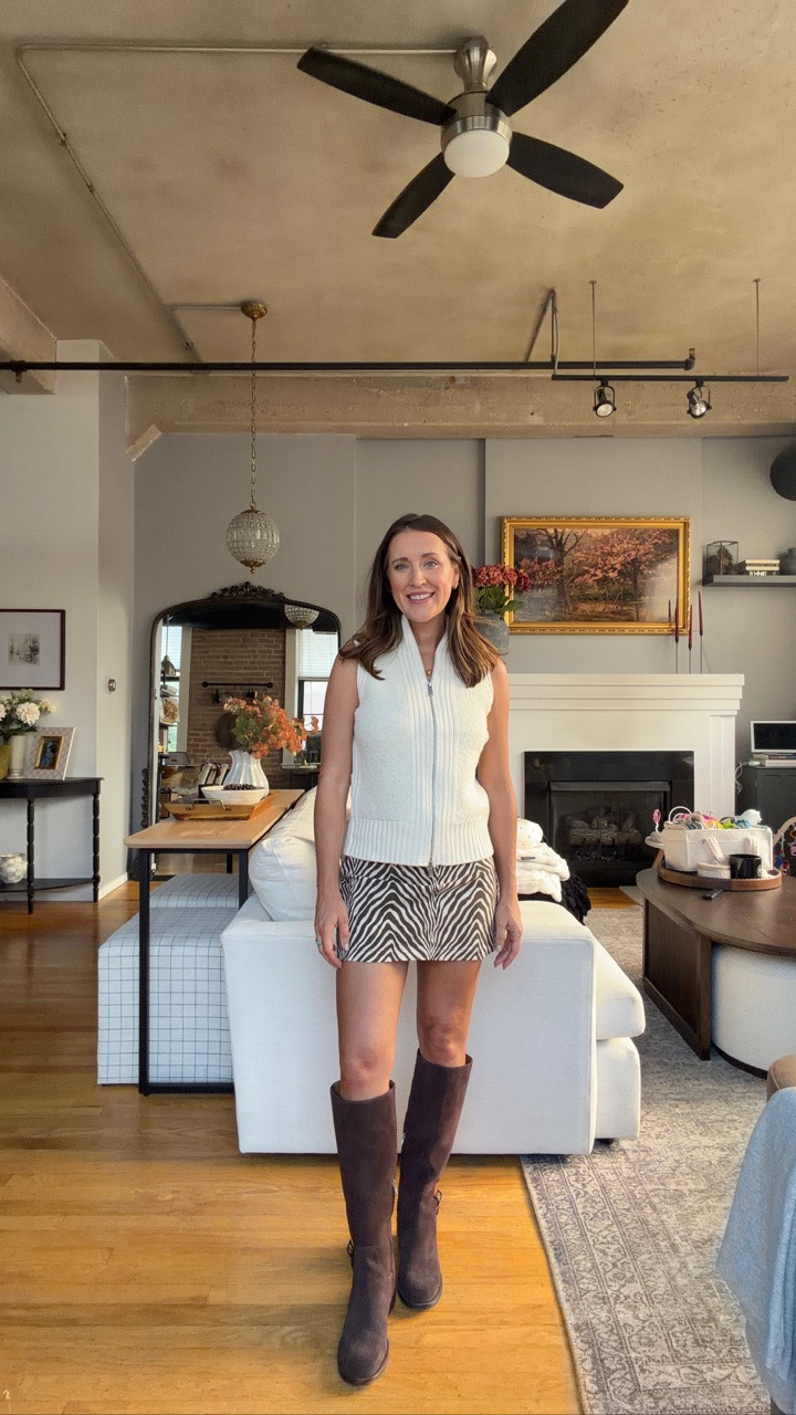 This zip-up sweater vest is the perfect pre Fall piece. Paired with the cutest zebra mini skirt that is great for country concerts/game day/etc. Wearing XS in the skirt and S in the top

#LTKSeasonal