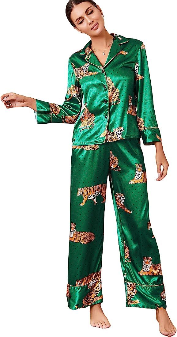 WDIRARA Women's Sleepwear Striped Satin Short Sleeve Shirt and Pants Pajama Set | Amazon (US)