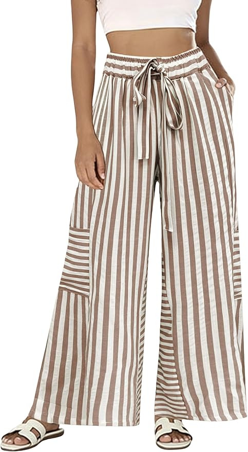 Bankeng Womens Summer Casual Striped Pants Loose Wide Leg Lounge Pants Elastic Waist Palazzo Trou... | Amazon (US)