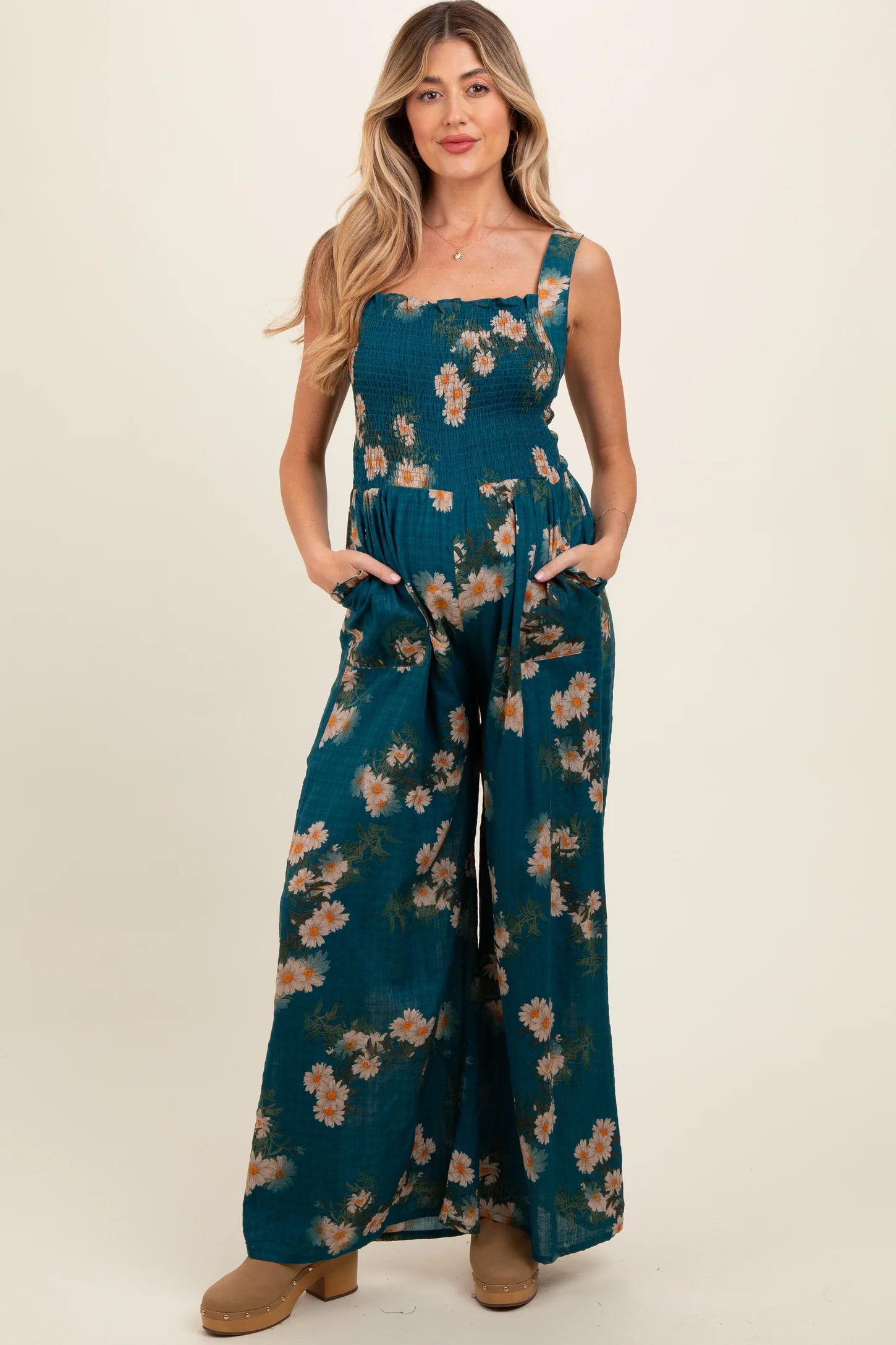 Teal Floral Smocked Maternity Jumpsuit | PinkBlush Maternity