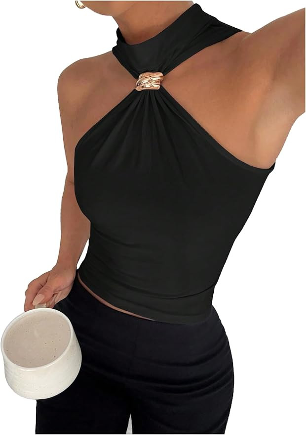 Milumia Women's Metal Halter Mock Neck Ruched Tank Top Sleeveless Slim Fit Going Out Tops | Amazon (US)