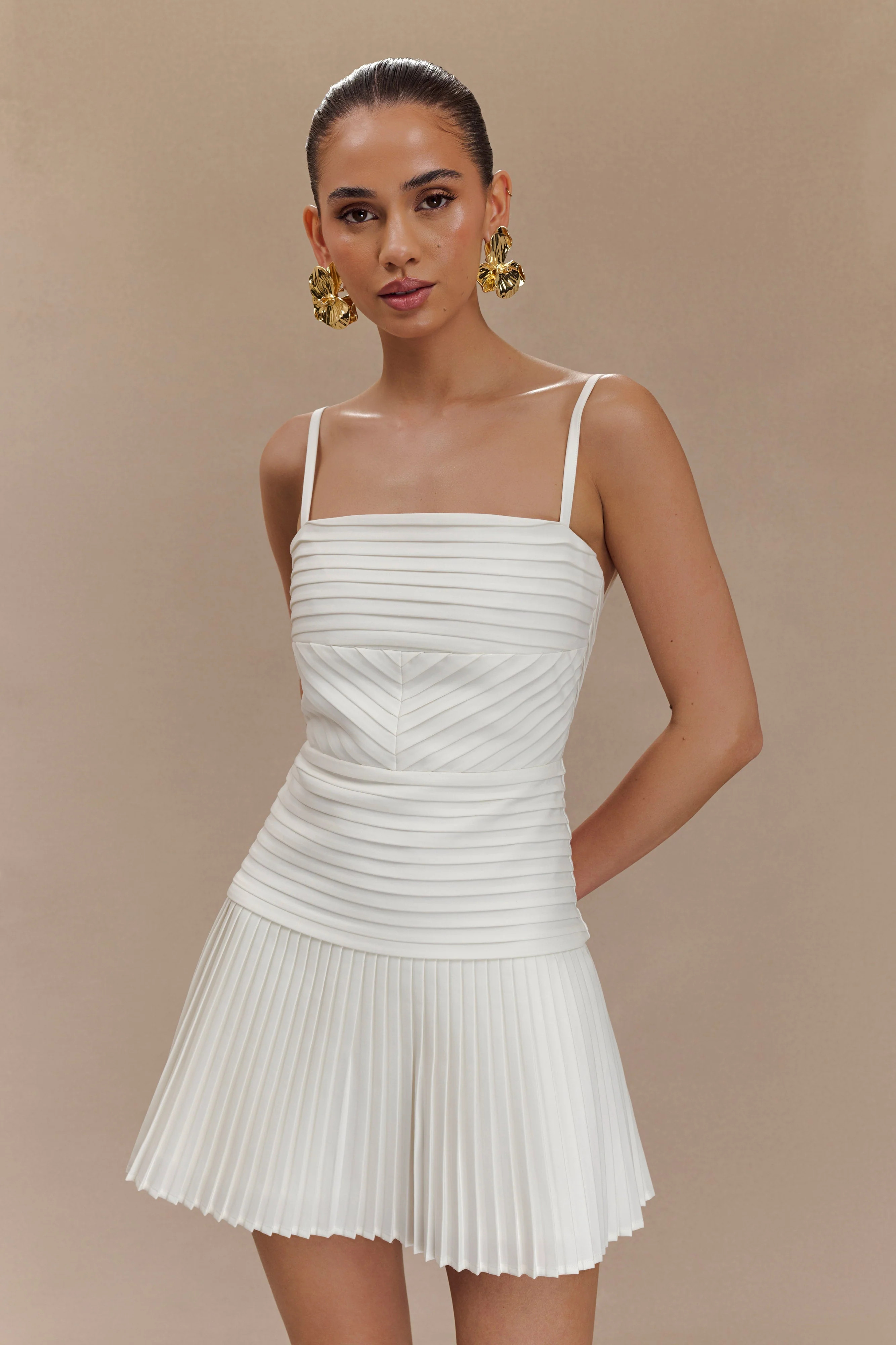 Rylee Multi Pleat Mini Dress - White | MESHKI US