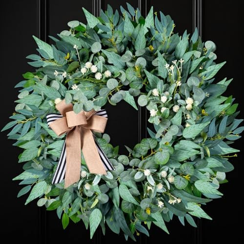 26'' Large Wreaths for Front Door Year Round, Spring Summer Artificial Green Eucalyptus Wreath wi... | Amazon (US)