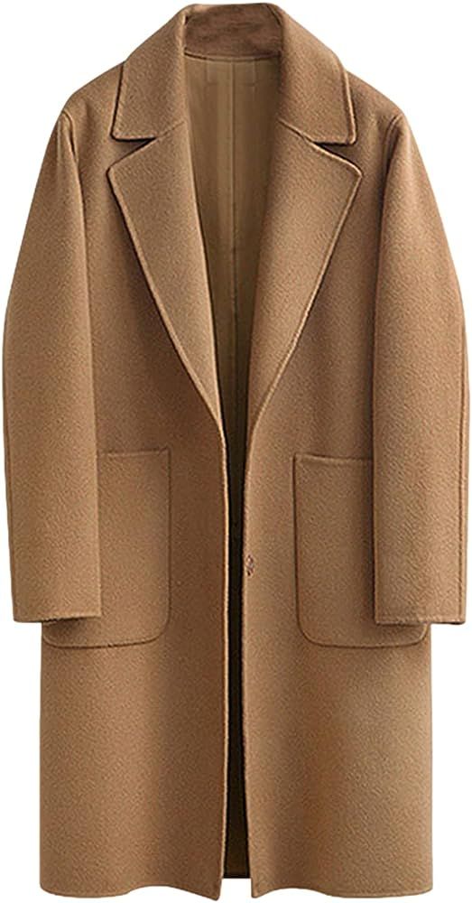 Women's Notched Lapel Wool Coats Mid Long Button Pea Coats Warm Thicken Trench Jacket | Amazon (US)