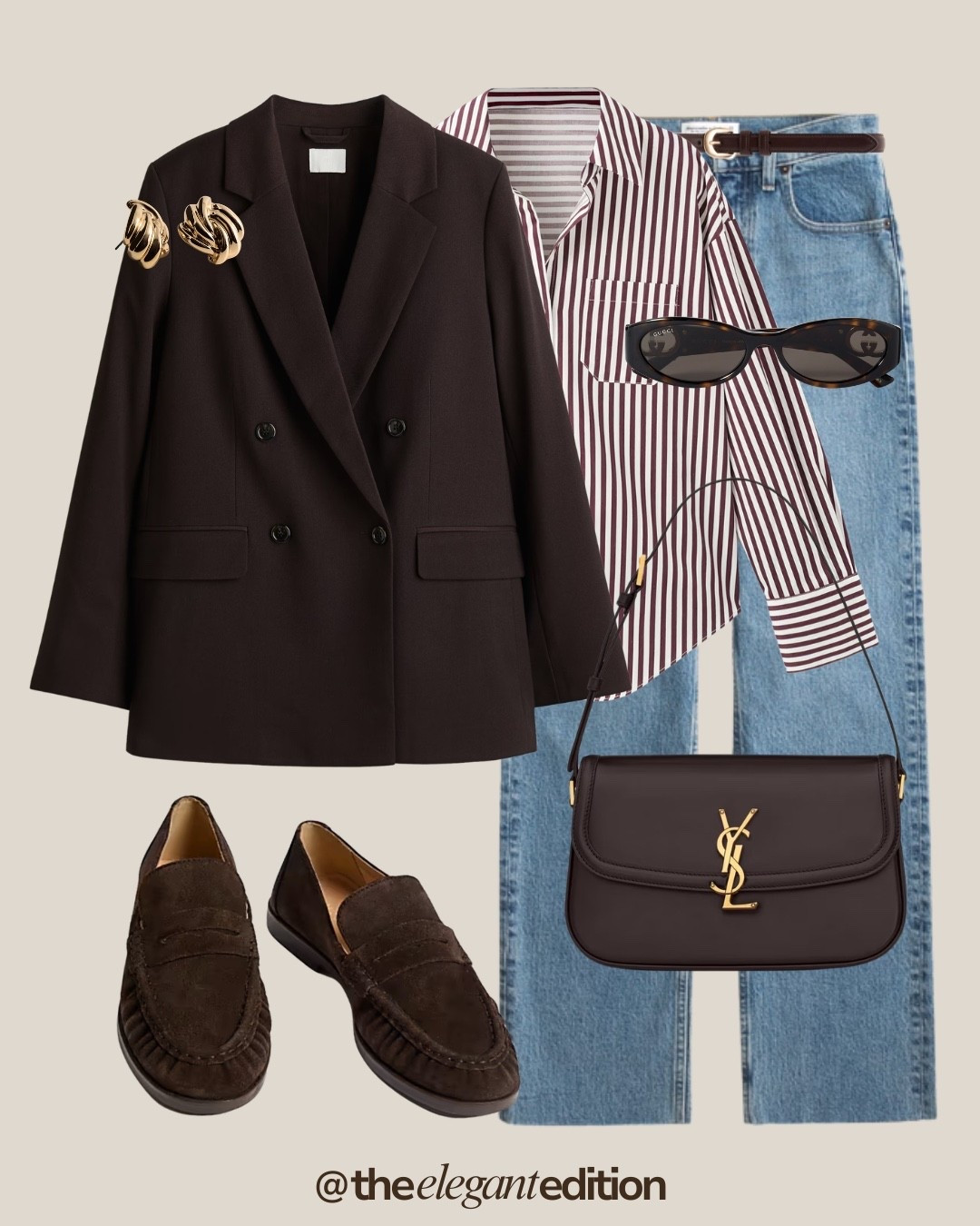 Striped Shirt Spring Outfit 🖤🤍
Tags: light blue denim straight leg brown leather belt chocolate brown blazer oversized double breasted chocolate brown white striped shirt long sleeve chocolate brown suede loafers minimalist black YSL shoulder bag crossbody gold hardware sunglasses black oval gold earrings chunky spring transitional casual chic timeless elegant
#LTKspring #LTKstyletip #LTKitbag

#LTKstyletip #LTKjeans #LTKeurope