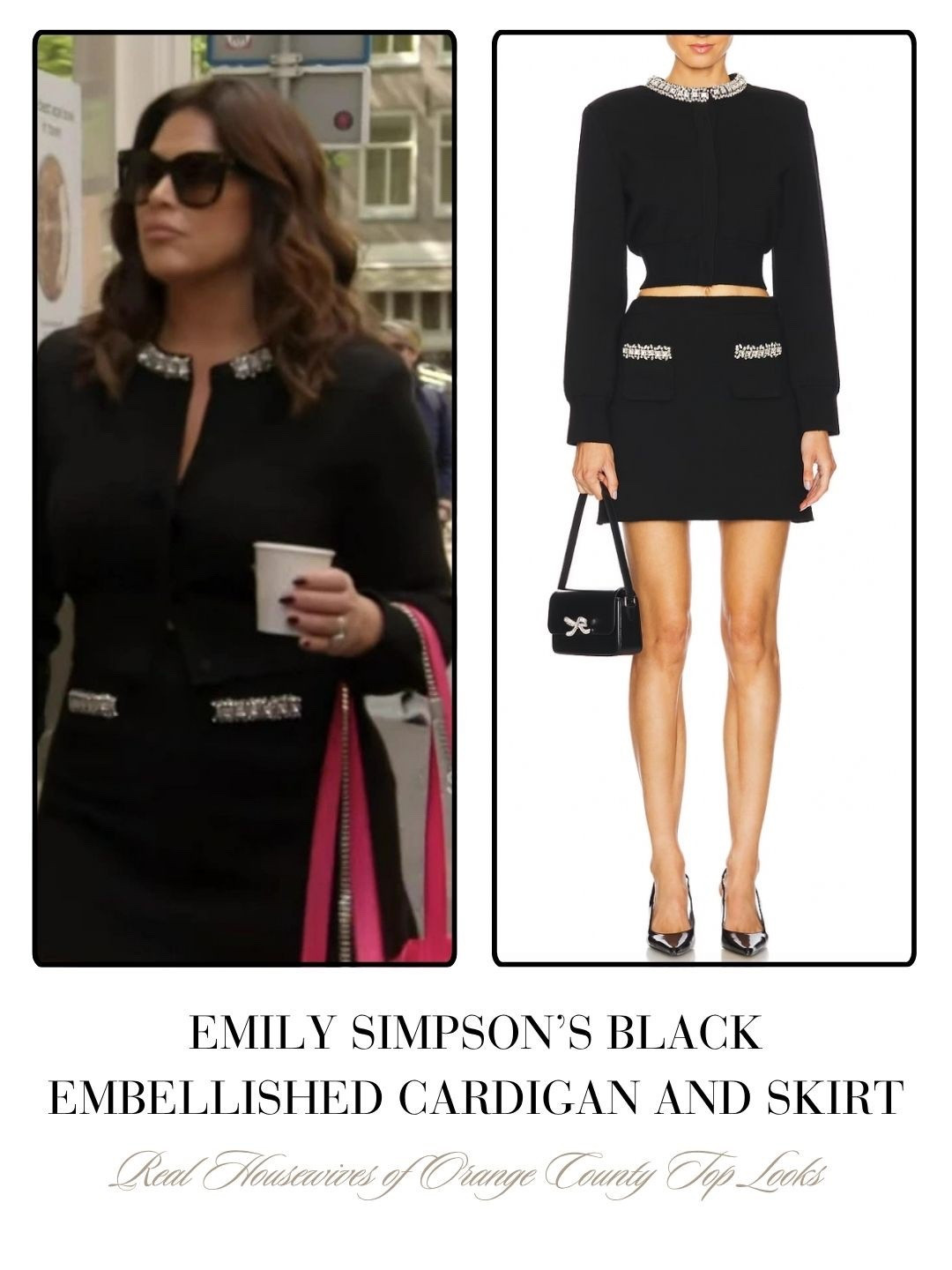 Emily Simpson’s Black Embellished Cardigan and Skirt