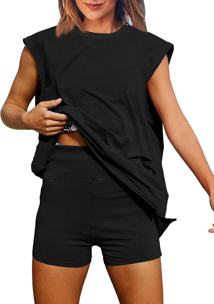 Fisoew Womens Summer 2 Piece Outfits Casual Short Sleeve Slit Tunic Tops High Waisted Shorts Work... | Amazon (US)