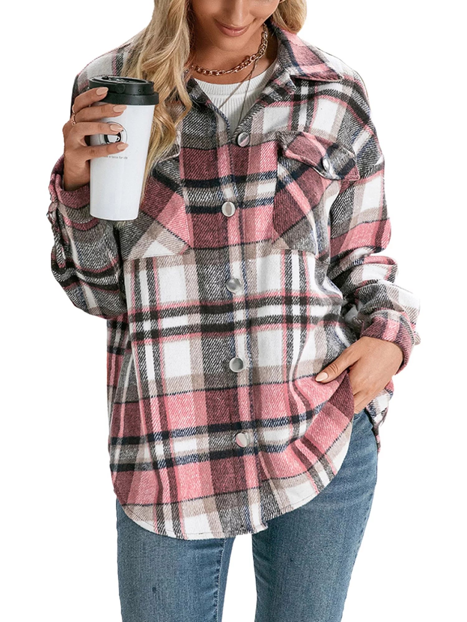 Women's Plaid Shirt Jacket Shaket Long Sleeve Lapel Collar Coat Top Button Down Shirt Blouse Outw... | Walmart (US)