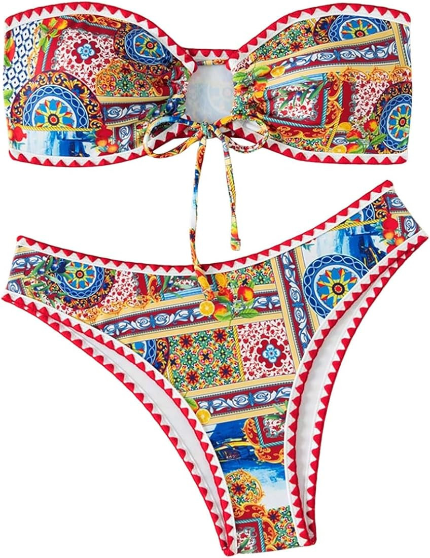 Floerns Women's Tribal Print Drawstring Strapless Bandeau Two Piece Bikini Swimsuit | Amazon (US)