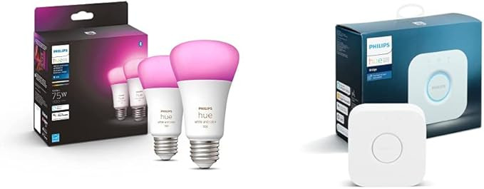 Philips Hue 2-Pack White and Color A19 Medium Lumen Smart Bulb & Smart Hub (Compatible with Alexa... | Amazon (US)