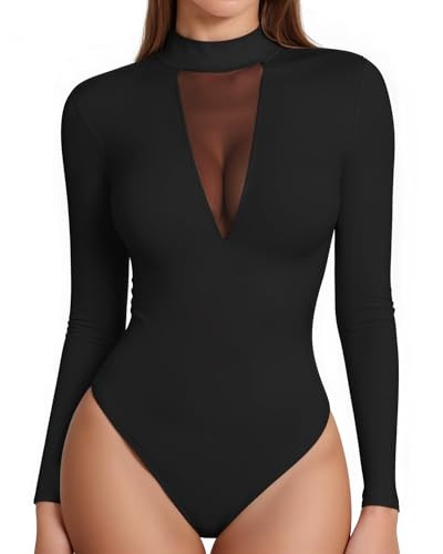 MANGOPOP Long Sleeve Body Suit Mock TurtleNeck Bodysuit for Women Mesh Deep V Bodysuit Tops | Amazon (US)