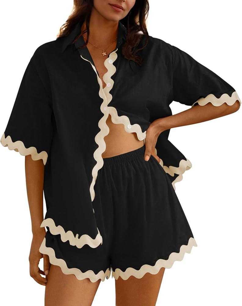 Fixmatti Women Two Piece Summer Sets Short Sleeve Button Down Shirts Short Sets | Amazon (US)
