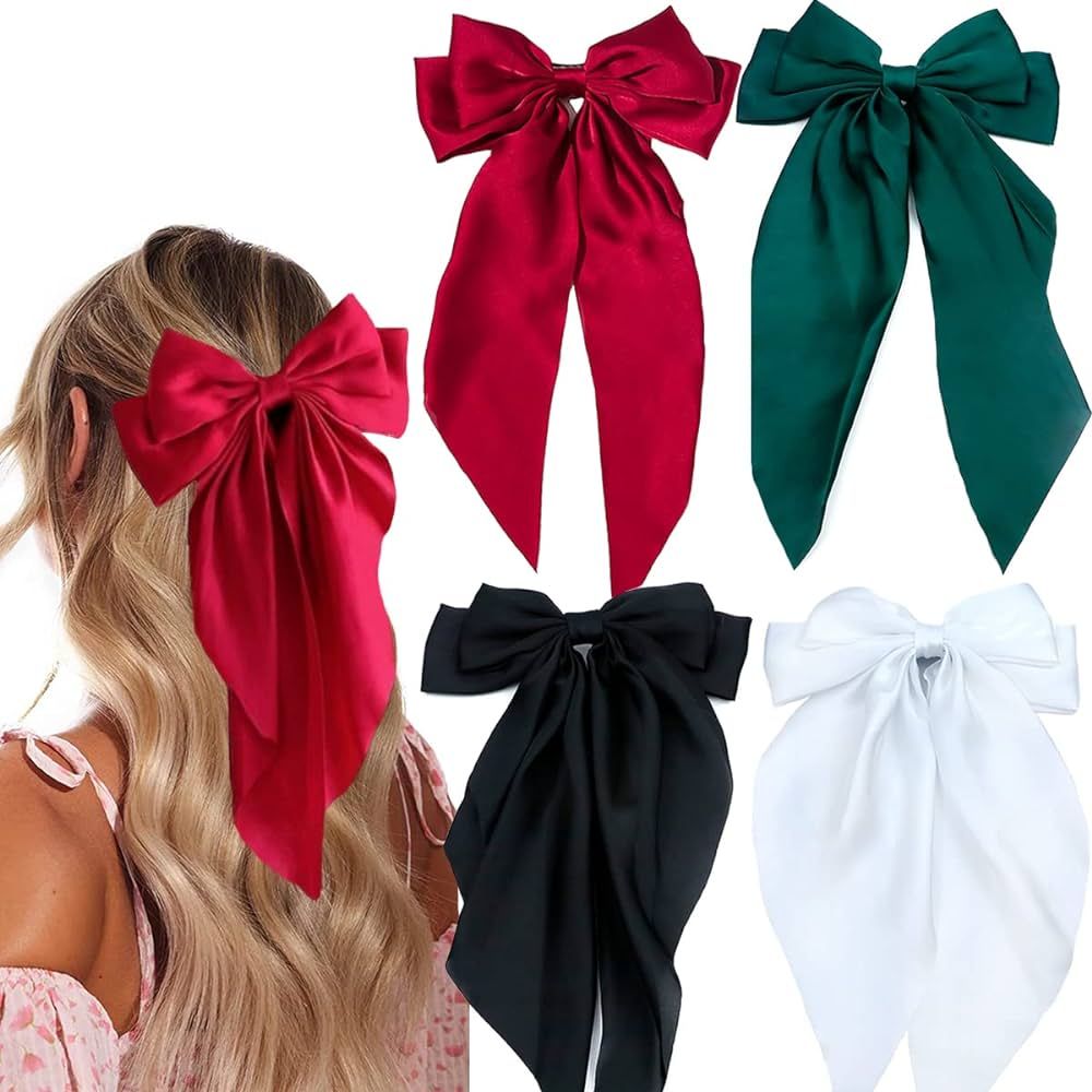 4 Pieces Silky Satin Hair Bows Ribbon Hair Barrettes Clip Large Bow Hair Slides Metal Clips Frenc... | Amazon (US)