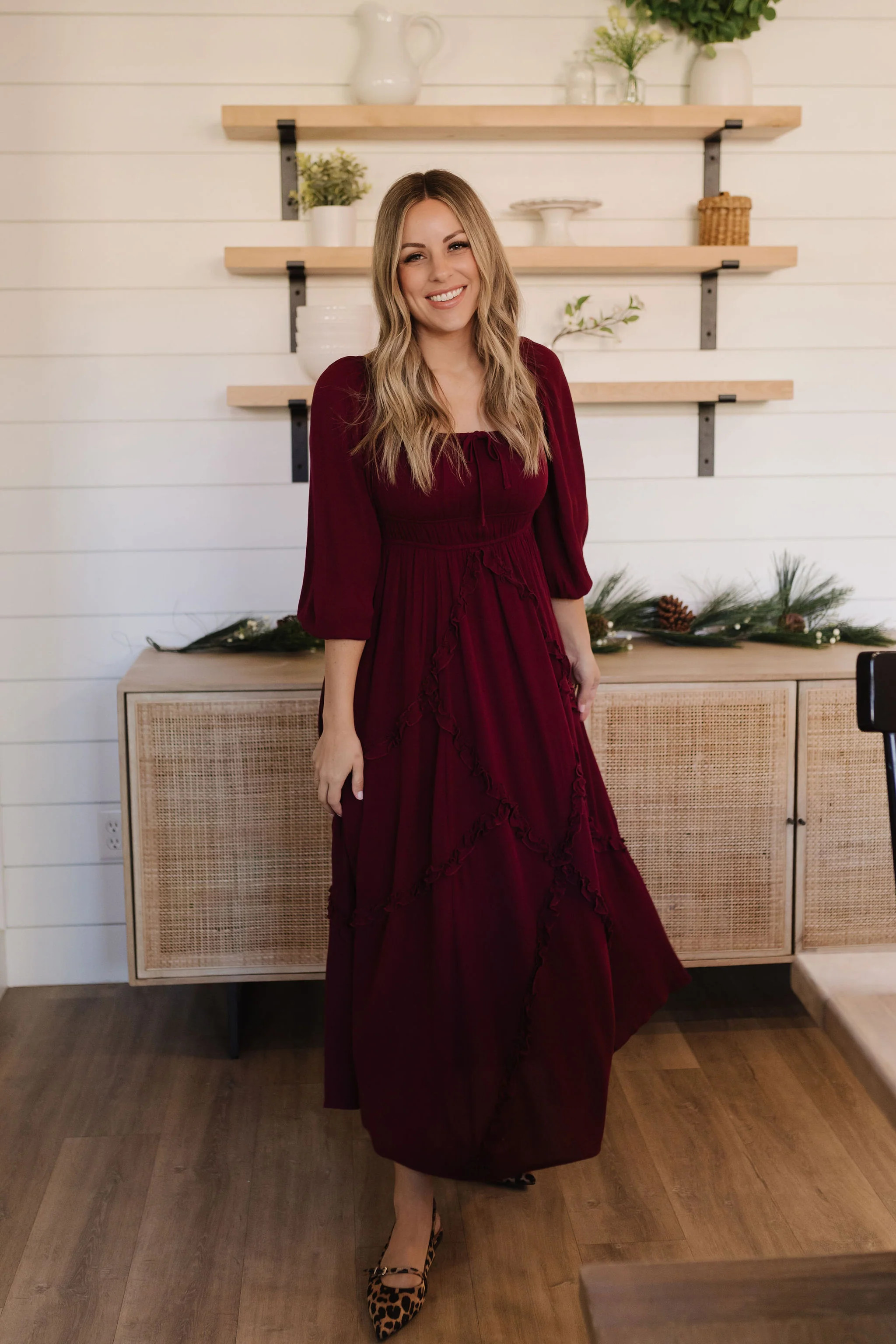 THE MALAYA INTRICATE RUFFLE MAXI DRESS IN MERLOT | Pink Desert