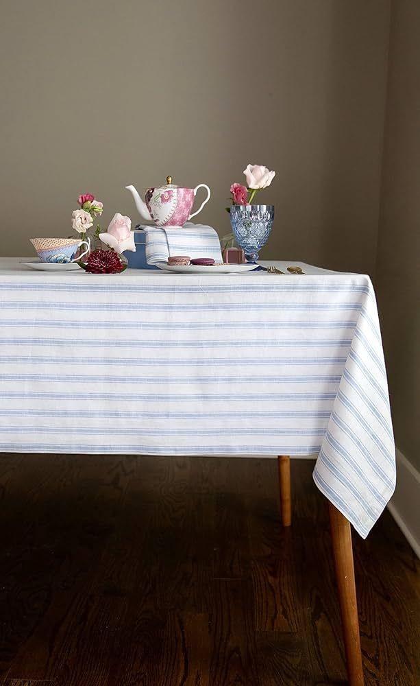 Solino Home Linen Tablecloth 60 x 90 Inch – European Flax, 100% Pure Linen Sky Blue and White T... | Amazon (CA)