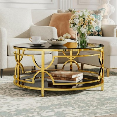 Polibi Round Gold Coffee Table with Tempered Glass Top & Lower Shelf, Black | Target