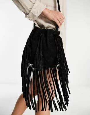 Urbancode suede fringe crossbody bag in black | ASOS (Global)