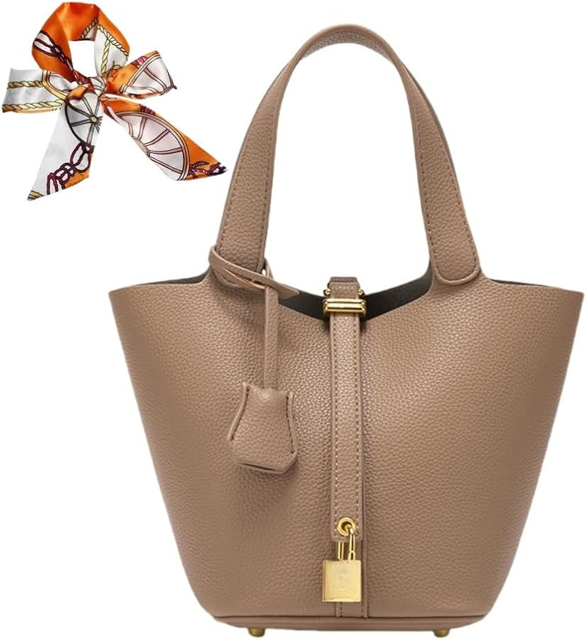 Women's Leather Tote Bag: Fashionable Lock Design Solid Color Bucket Bag Mini Handbag Wallet Hand... | Amazon (US)