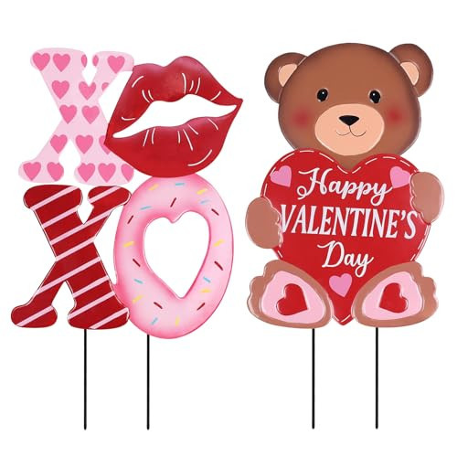 hogardeck Valentines Day Decorations Outdoor, 2 Pcs Metal Bear Decorative Garden Stakes for Valentines Day Decor, Yard Sign with XOXO Heart for Home Outside Lawn Porch Anniversary Wedding Party | Amazon (US)