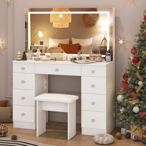 Greyden Vanity Set With LED Mirror & Power Outlets, 9 Drawers with Diamond Handles | Wayfair North America