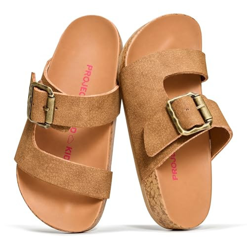 Project Cloud Genuine Leather Kids Sandals for Girls - Girls Slide Summer Sandals with Raffia Upper, Slip-On Design, Cushioned Footbed & Non-Slip Outsole (Balanced Kid, Sienna, 10) | Amazon (US)