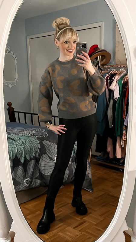 Winter ootd - leopard sweater - faux leather leggings - black combat boots - business casual - casual outfit - casual look - Amazon Fashion - Amazon finds 

#LTKunder50 #LTKunder100 #LTKshoecrush