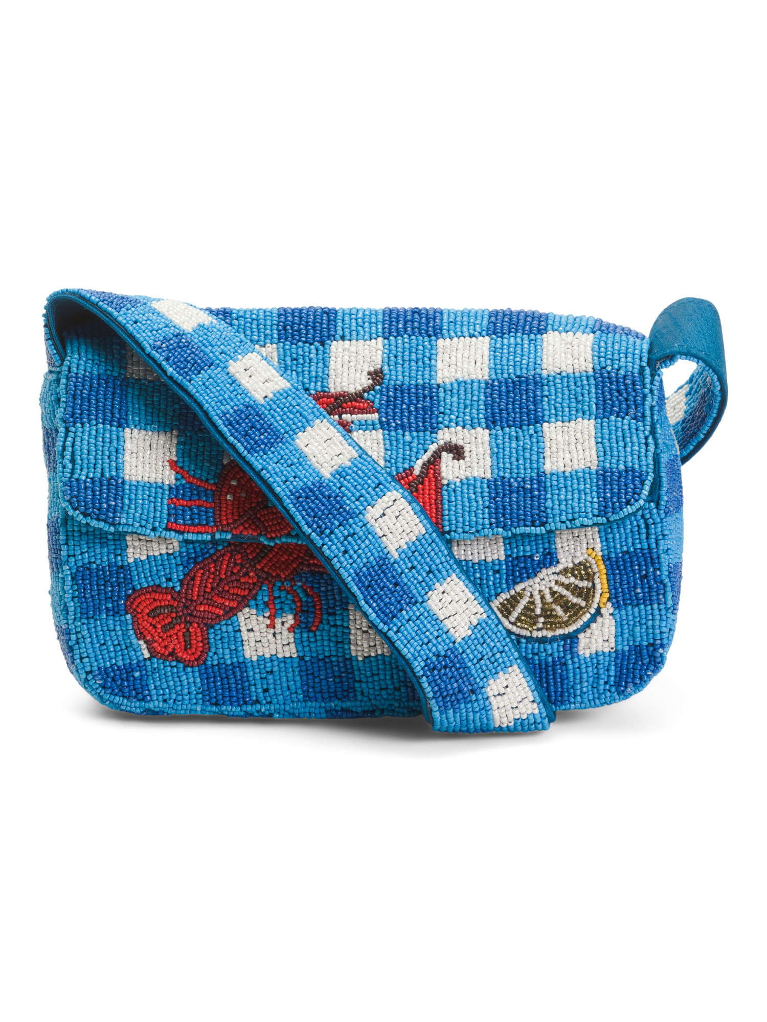 Beaded Fabric Baguette Lobster Shoulder Bag With Gingham Pattern | TJ Maxx
