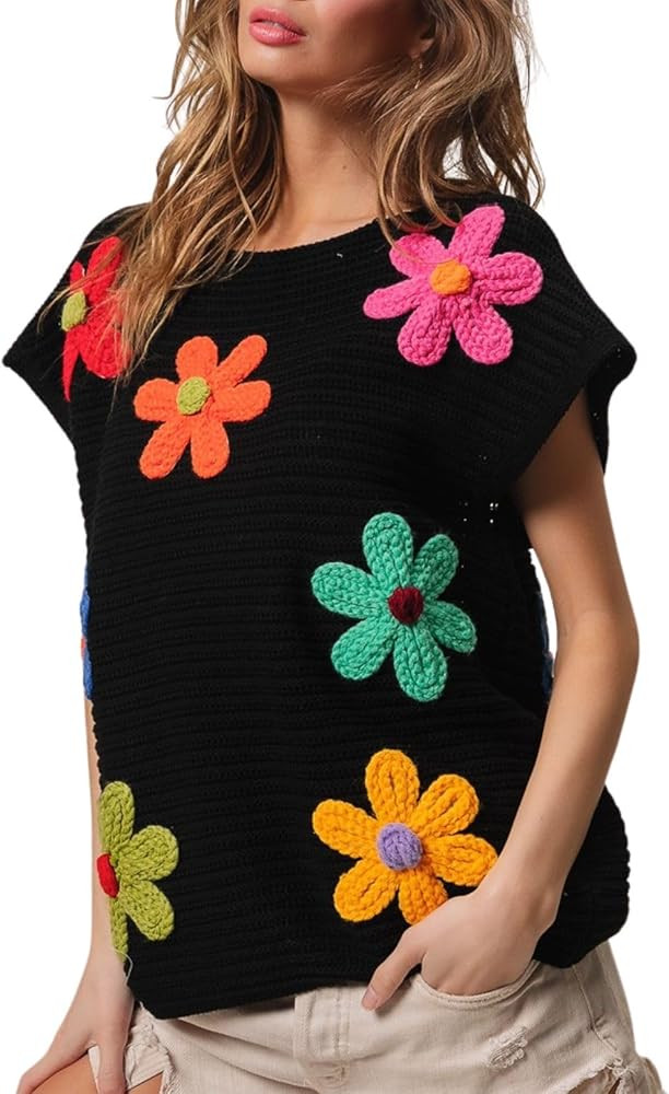 Womens Crochet Flower Embroidery Knit Top Sleeveless Round Neck Knit Sweater | Amazon (US)