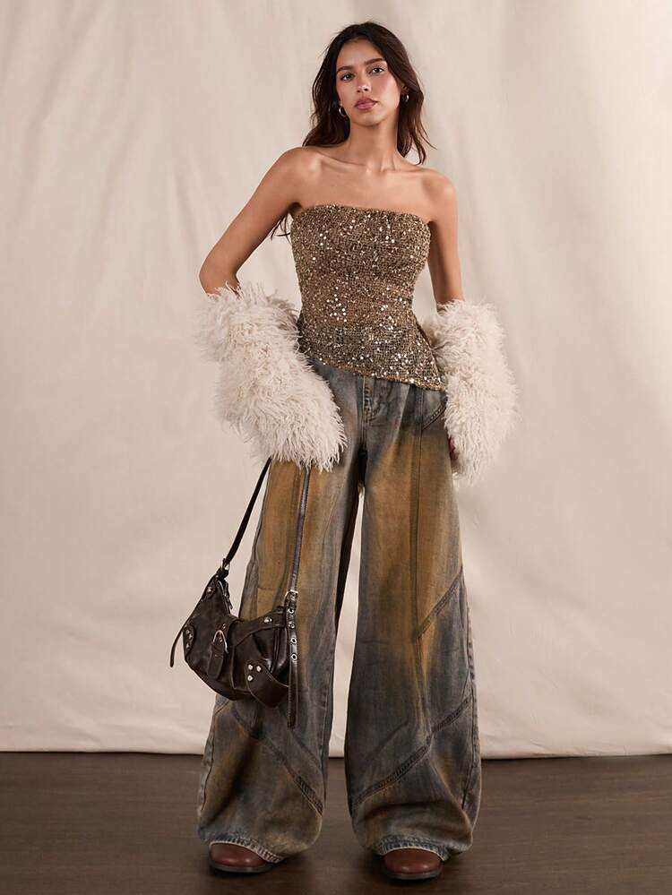 Easelle Women's Brown Sparkling Sequin Stylish Tube Top | SHEIN