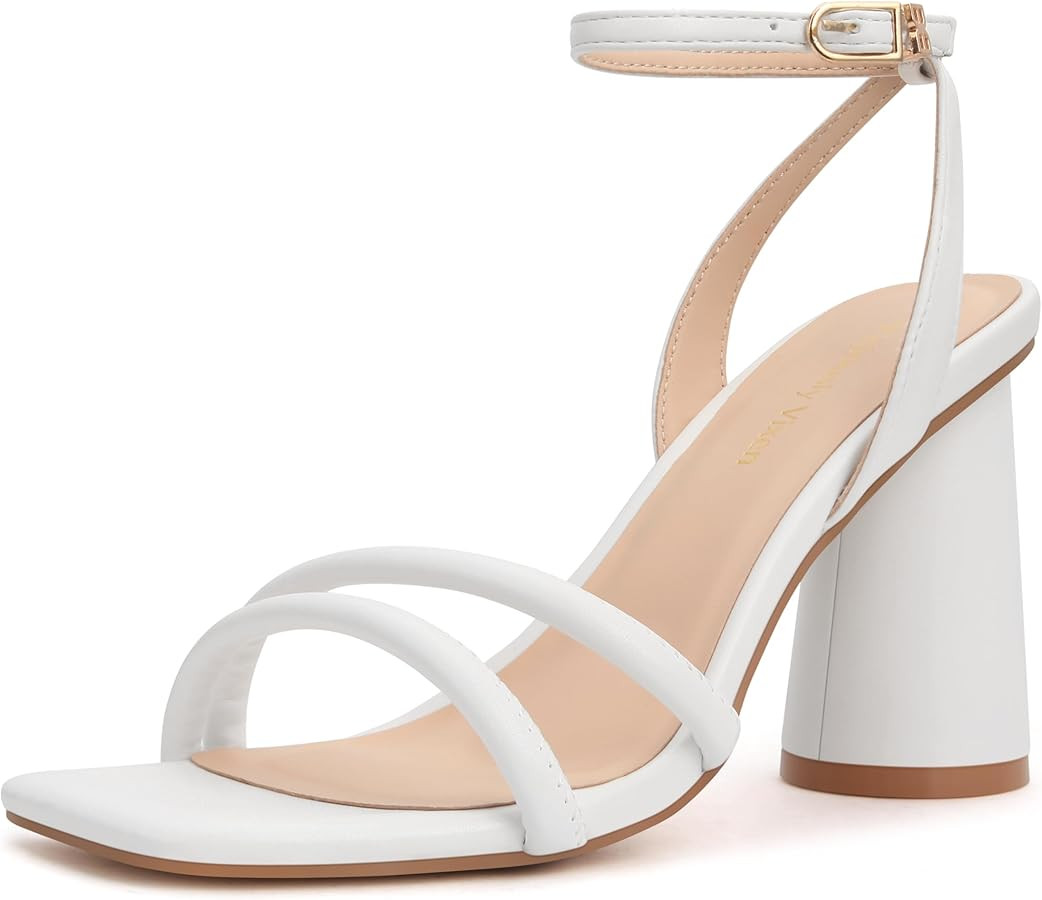 Women's Block High Heels Square Toe Heeled Sandals Ankle Strap Shoes | Amazon (US)