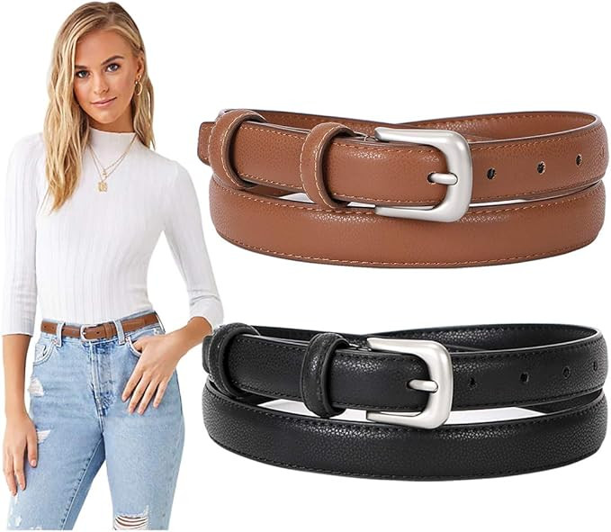 SUOSDEY 2 Pack Womens Skinny Leather Belt Solid Color Waist Belt with Pin Buckle for Jeans Dress ... | Amazon (US)