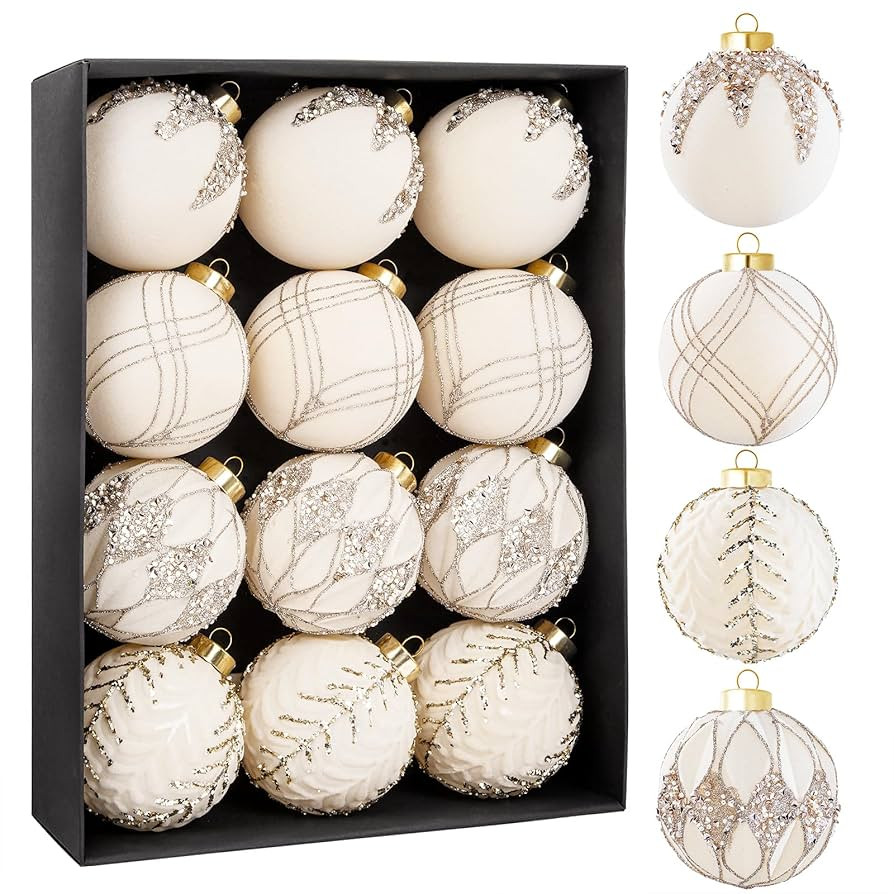 WDF 12PCS Beige Cream Christmas Balls - Velvet Ornaments - 4 Styles, 80mm White Balls for Xmas, P... | Amazon (US)