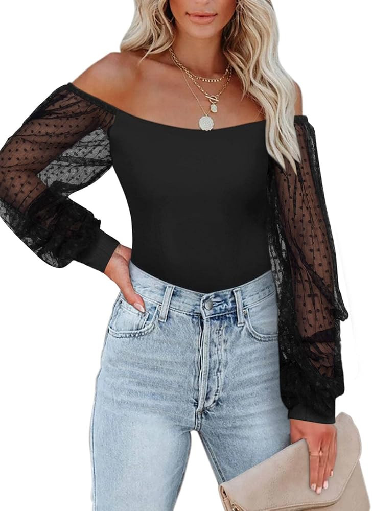 PINKMSTYLE Women's Square Neck Long Sleeve Bodysuit Polka Dots Tops Sheer Basic Jumpsuit Party Shirt | Amazon (US)