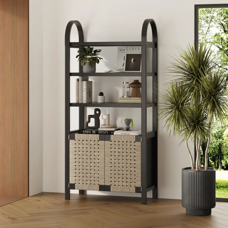 Arched Bookcase Cabinet With Seagrass Doors | Wayfair North America