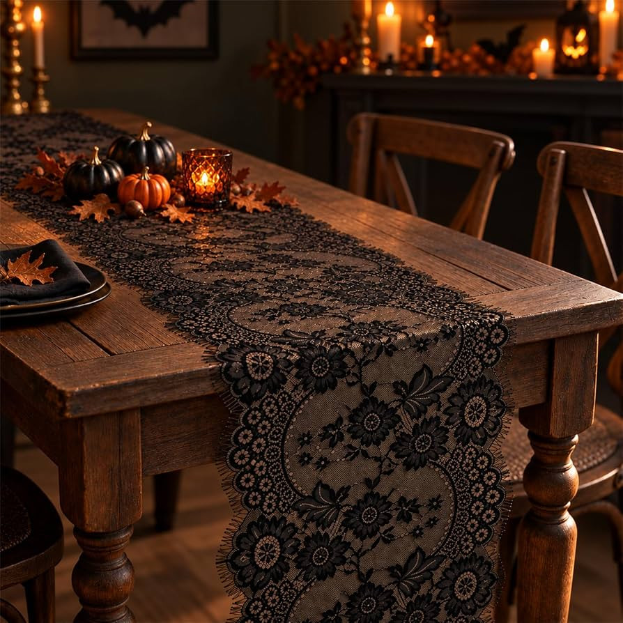 6 PCS Black Lace Table Runner 14x120 Inch Vintage Halloween Party Decor | Amazon (US)