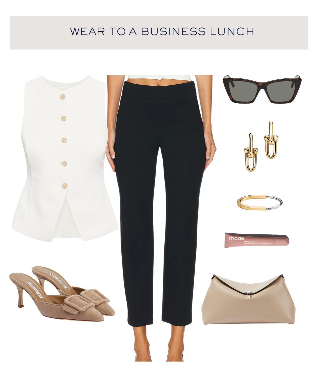 What to wear to a business lunch 🤍

—-

Workwear, office outfit, ootd, corporate girl, office girl, office wear, blazer vest, work pants, dress pants, cropped pants, toteme, Manolos