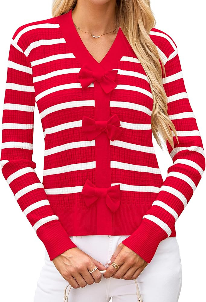 Blooming Jelly Womens Fall Sweaters Striped Cropped Sweater Lightweight Knit Sweater Bow V Neck P... | Amazon (US)