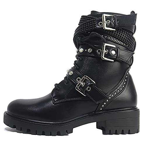 MeiLuSi Lace up Military Combat Boots for Women Fashion Chain Studded Motorcycle Ankle Booties Black Boots 7.5 | Amazon (US)