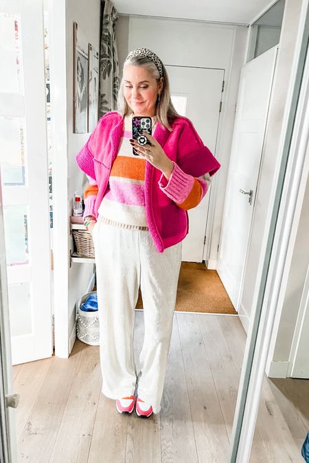 Ootd - Monday (New Year’s Day)
Champagne glitter plissé pants (Shoeby), striped wool sweater, pink bodywarmer (secondhand), Skechers sneakers. 

#LTKmidsize #LTKover40 #LTKeurope