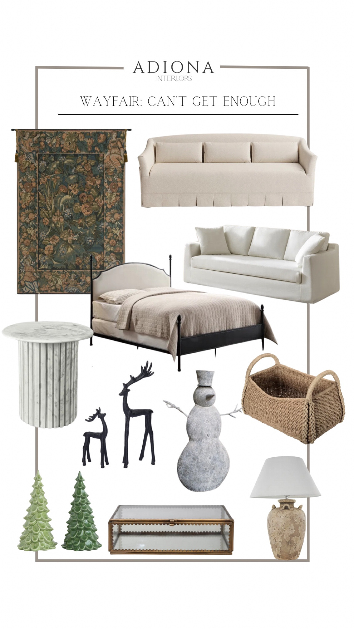 Wayfair finds! 

Tapestry, sofa, crunch, slip cover sofa, marble accent table, bed frame, seagrass basket, holiday decor, snowman decor, rain deer decor, ceramic trees, vintage inspired lamp, glass box 

#LTKHome #LTKSeasonal #LTKHoliday