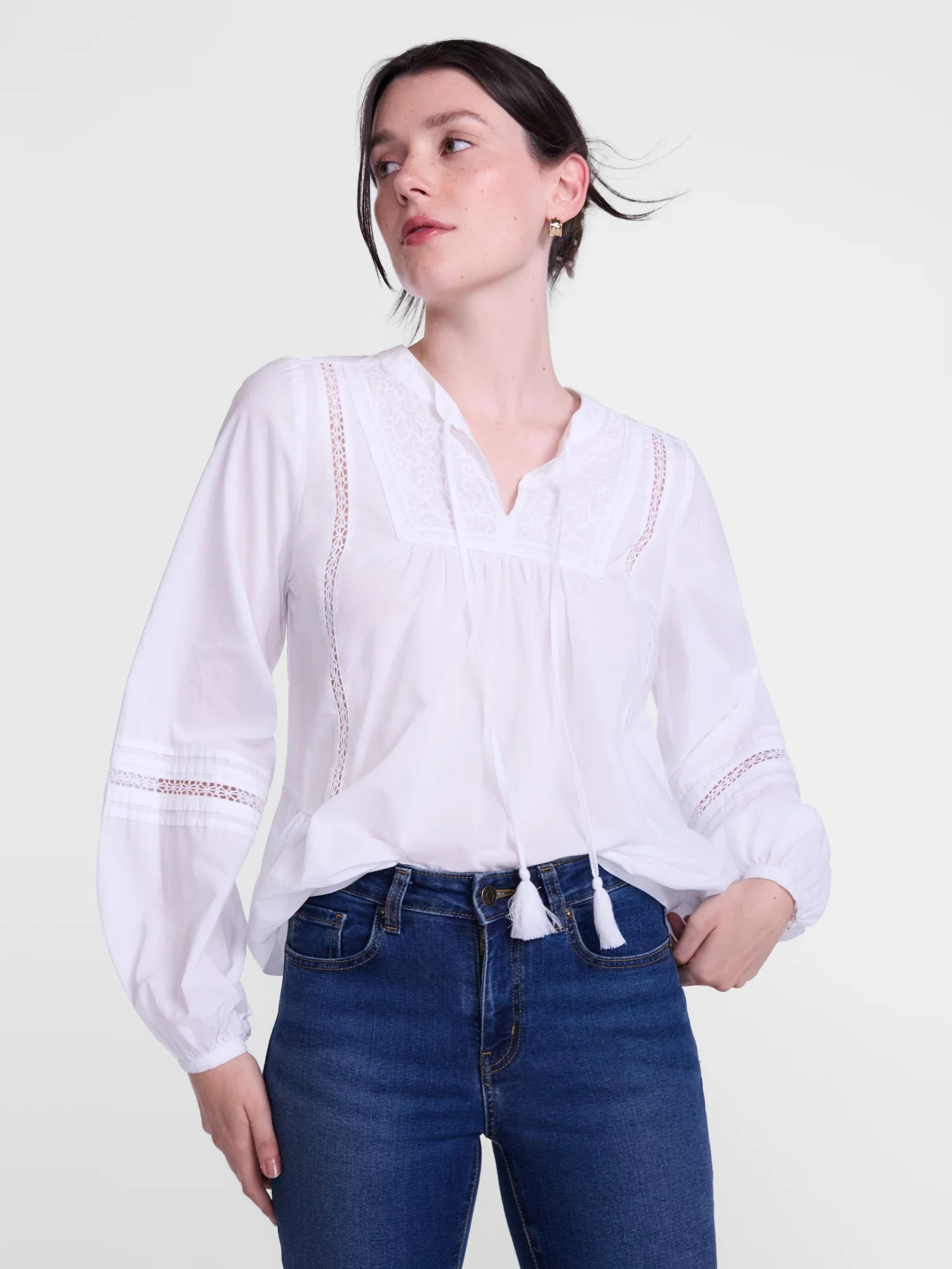 Scenario Women's and Women's Plus Long Sleeve Lace Insert Embroidery Top, Sizes XS-4X | Walmart (US)