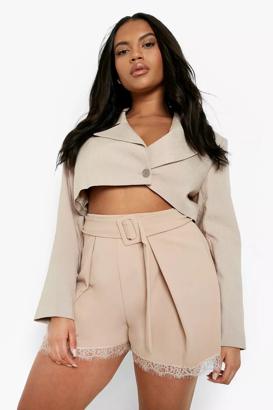 Plus Tailored Belted Lace Hem Shorts | Boohoo.com (US & CA)