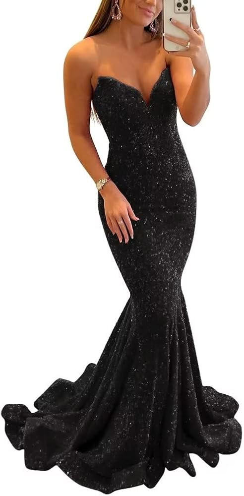Sequin Evening Dresses for Women Formal Sexy Long Prom Party Gowns Mermaid Sparkly V-Neck Homecoming Dress | Amazon (US)